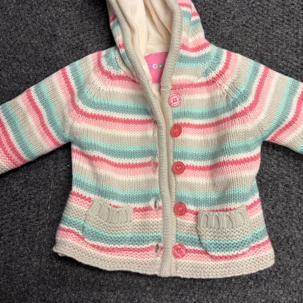 Wippette Kids Baby Girl Striped Hooded Knit Cardigan Sweater Pink Mint 12M
